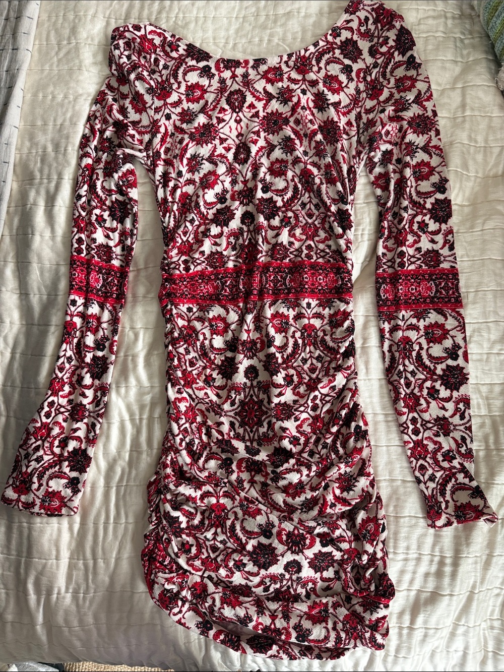 Gypsy 05 Red and White Paisley Long Sleeve Bodycon Dress